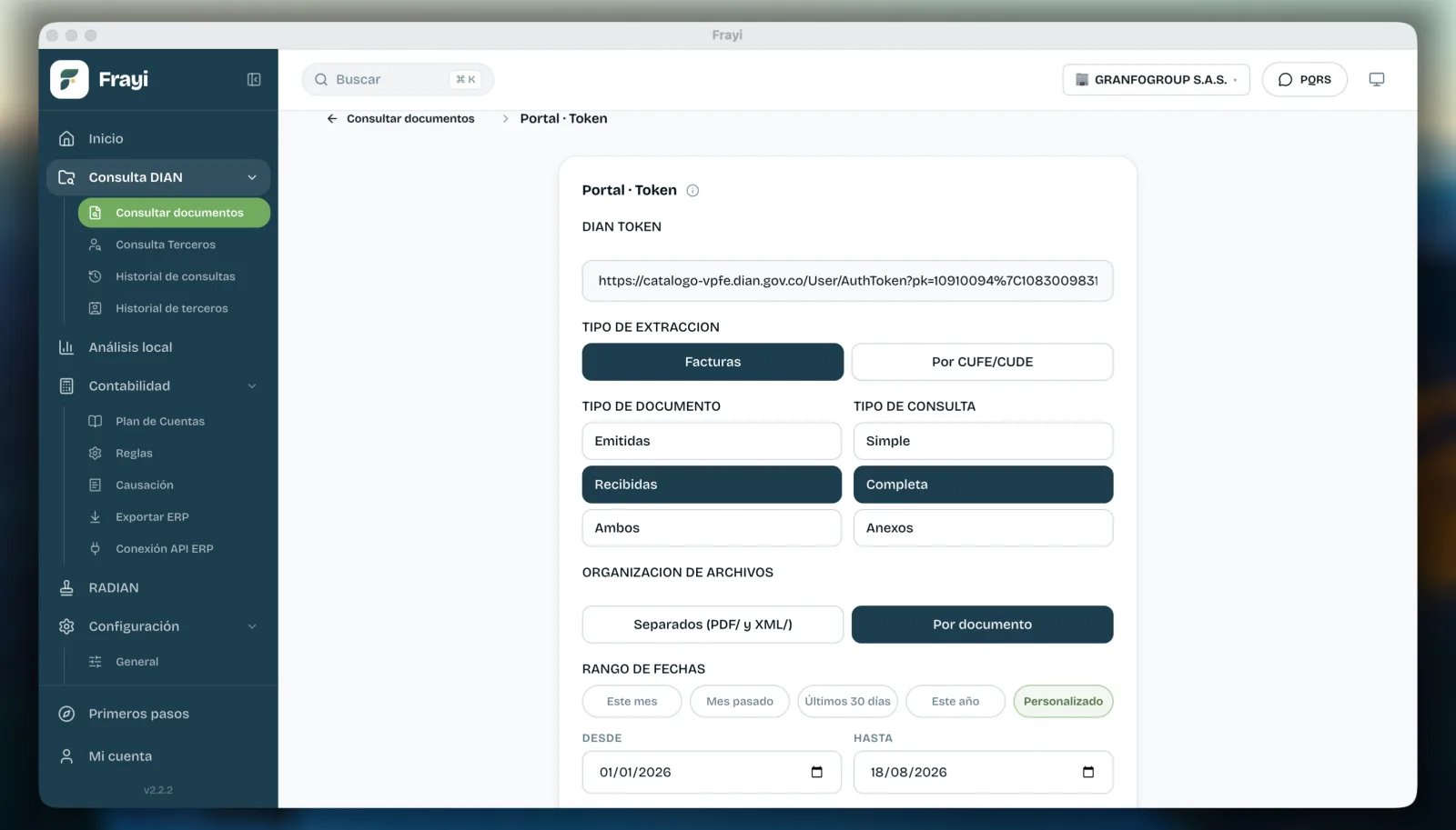 Frayi Doc-e — conexión con la DIAN por token: tipo de extracción, documento, consulta y rango de fechas