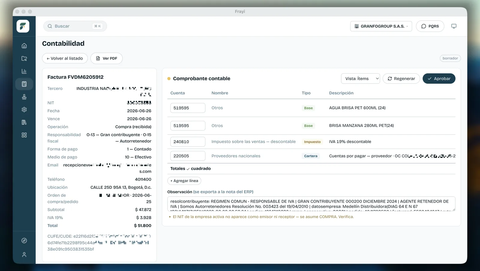 Frayi Doc-e — comprobante contable sugerido con débito/crédito cuadrado, listo para aprobar y exportar al ERP